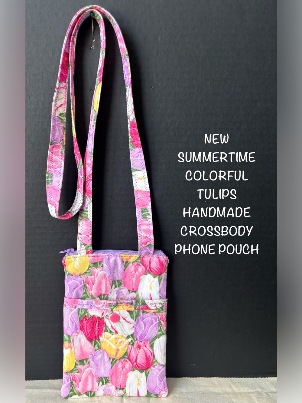 Springtime Tulips Handmade Crossbody Phone Pouch Pink Purple Yellow W/2 Pockets